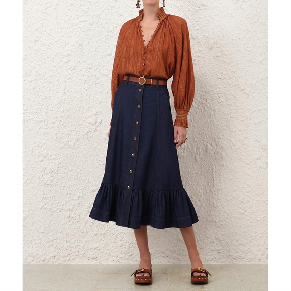 Zimmermann Aster Denim Frill Midi Nederdel, Ink